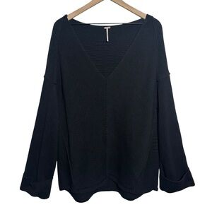 Free People Womens Large Black La Brea  V-Neck Ribbed Knit Sweater Lagenlook